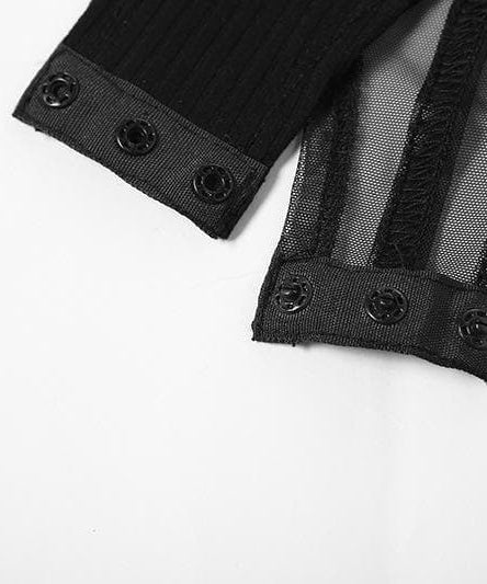 Midnight Ribbed & Mesh Bodysuit | High-Neck Choker Corset Top for Edgy Fall Nights