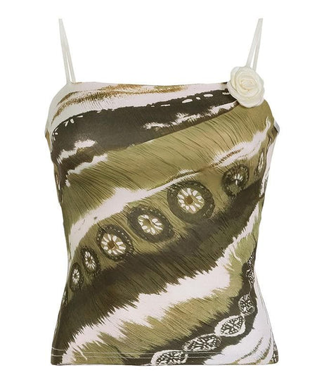 Autumn Meadow Chic: Olive Green Abstract Print Cami with Dainty Rose Appliqué