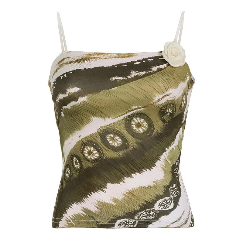 Autumn Meadow Chic: Olive Green Abstract Print Cami with Dainty Rose Appliqué