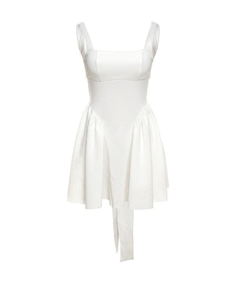 Chic White Square Neck Mini Dress - Ruched Side Tie & Backless Detail - Fall Party Ready