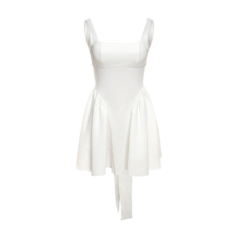Chic White Square Neck Mini Dress - Ruched Side Tie & Backless Detail - Fall Party Ready