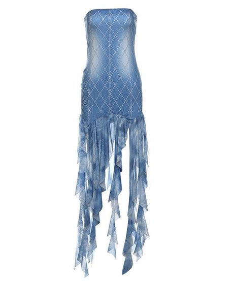 Statement-Making Denim-Look Diamond Tube Dress with Flowing Fringe Hem | Fall Party Ready