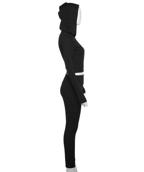 Cozy Fall Athleisure: Women's Black Full-Zip Crop Hoodie & Legging Set