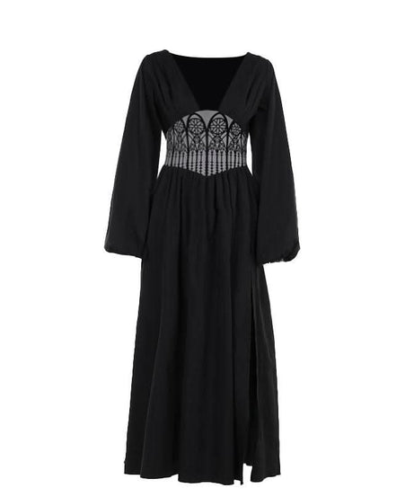 Gothic Cathedral Corset Maxi Dress | Deep V-Neck & Slit - Fall & Halloween Style