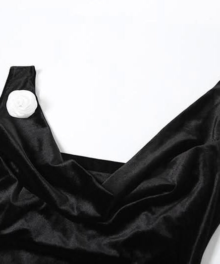 The Opulent Velvet Maxi: Black Cowl Neck Gown with Slit & Backless Design | Fall & Holiday Party Ready