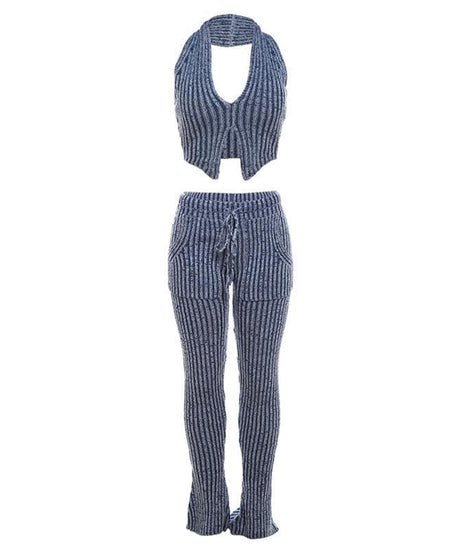 Effortless Chic Striped Knit Halter Top & Lounge Pants Set - Fall Comfort Must-Have