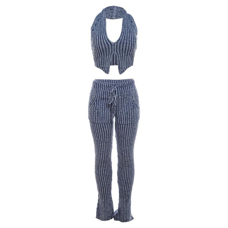 Effortless Chic Striped Knit Halter Top & Lounge Pants Set - Fall Comfort Must-Have