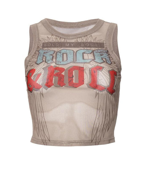 Rebel Soul Rock & Roll Sheer Mesh Crop Tank Top - Edgy Fall & Spooky Season Style