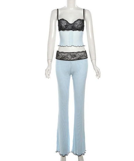 “Sultry Siren” Black Lace Mesh Sweetheart Cami & Flare Pant Set | Halloween & Fall Nights