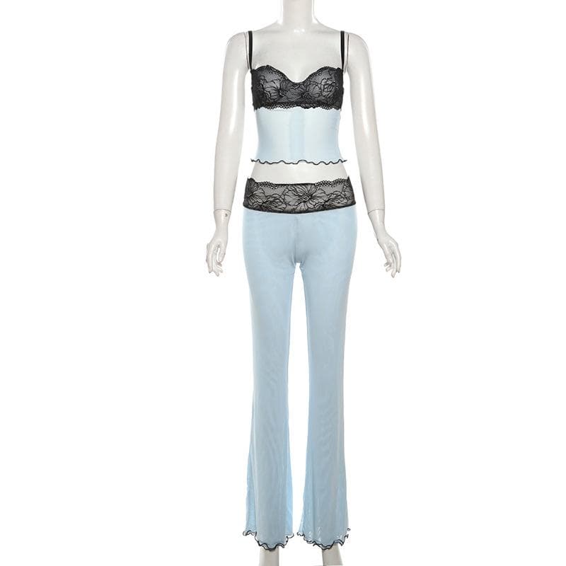 “Sultry Siren” Black Lace Mesh Sweetheart Cami & Flare Pant Set | Halloween & Fall Nights