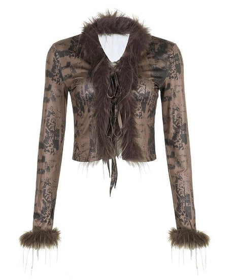 Y2K Glam Feather Trim Tie-Front Crop Top - Fall & Holiday Party Essential