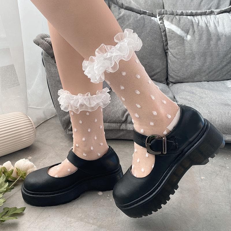 Chic Sheer Polka Dot Ruffle Ankle Socks - Vintage Charm for Fall & Halloween Outfits