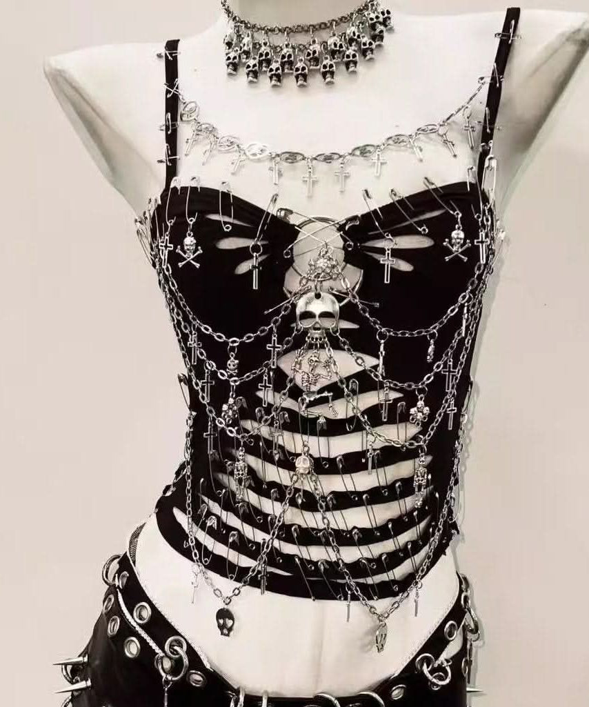 Spooky Chic Skeleton Chain Cami Top | Edgy Gothic Skull & Crosses for Halloween, Concerts & Alt Fashion