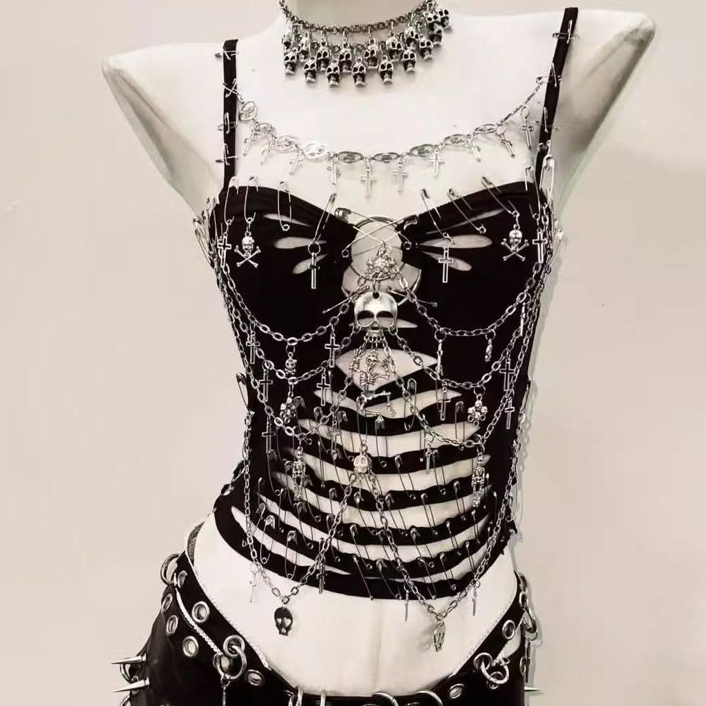 Spooky Chic Skeleton Chain Cami Top | Edgy Gothic Skull & Crosses for Halloween, Concerts & Alt Fashion