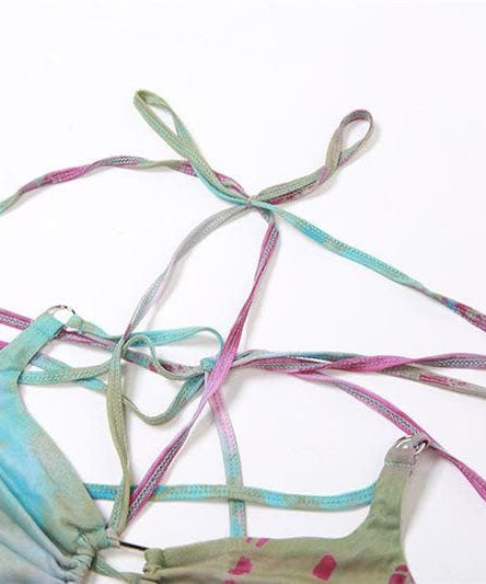 Enchanted Fairycore Tie-Dye Mini Skirt Set - Butterfly Halter Top & Flared Sleeves for Halloween & Rave Parties