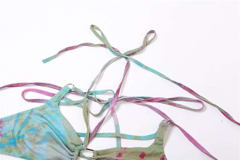 Enchanted Fairycore Tie-Dye Mini Skirt Set - Butterfly Halter Top & Flared Sleeves for Halloween & Rave Parties