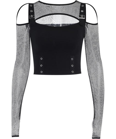 Y2K Alt Fishnet Buckle Crop Top | Off-Shoulder & Cut-Out - Your Edgy Fall & Halloween Essential