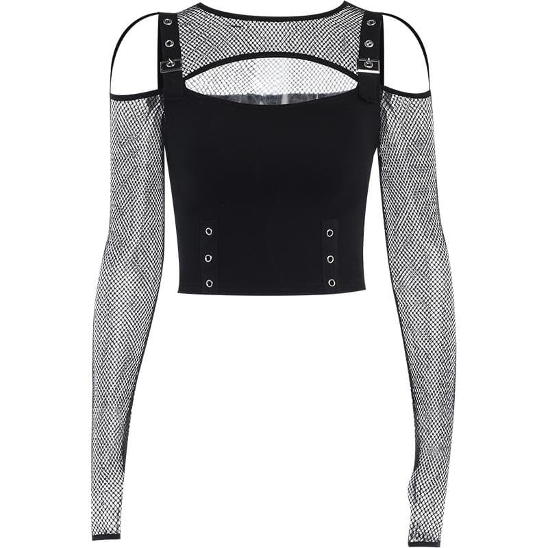 Y2K Alt Fishnet Buckle Crop Top | Off-Shoulder & Cut-Out - Your Edgy Fall & Halloween Essential