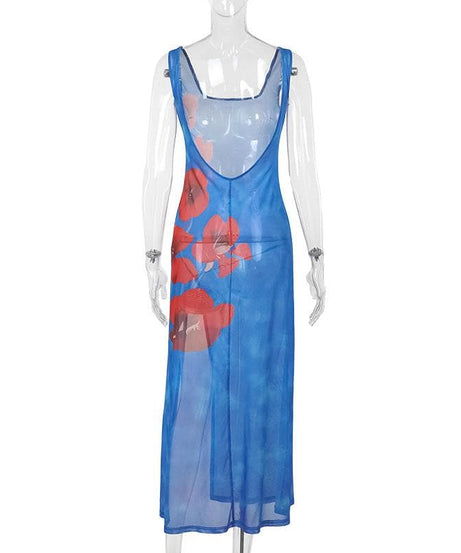 Stunning Blue Poppy Print Sheer Mesh Midi Dress with Slit & Backless Detail – Your Go-To for Fall Parties & Resort Getaways