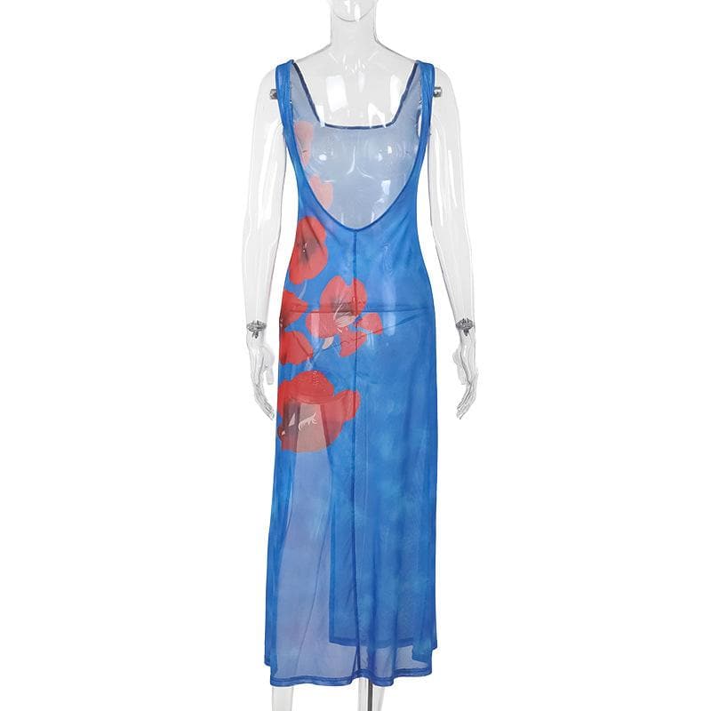 Stunning Blue Poppy Print Sheer Mesh Midi Dress with Slit & Backless Detail – Your Go-To for Fall Parties & Resort Getaways