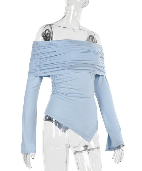 Sky Blue Off-Shoulder Ruched Long Sleeve Top - Asymmetrical Hem for Effortless Fall Style