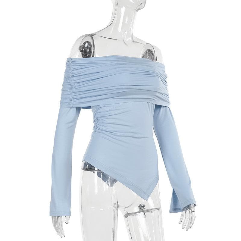 Sky Blue Off-Shoulder Ruched Long Sleeve Top - Asymmetrical Hem for Effortless Fall Style