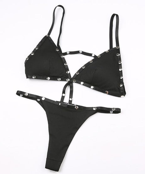 Rebel Chic Studded Strap Bralette & Thong Set - Edgy Fall Fashion & Halloween Ready
