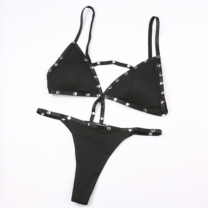 Rebel Chic Studded Strap Bralette & Thong Set - Edgy Fall Fashion & Halloween Ready