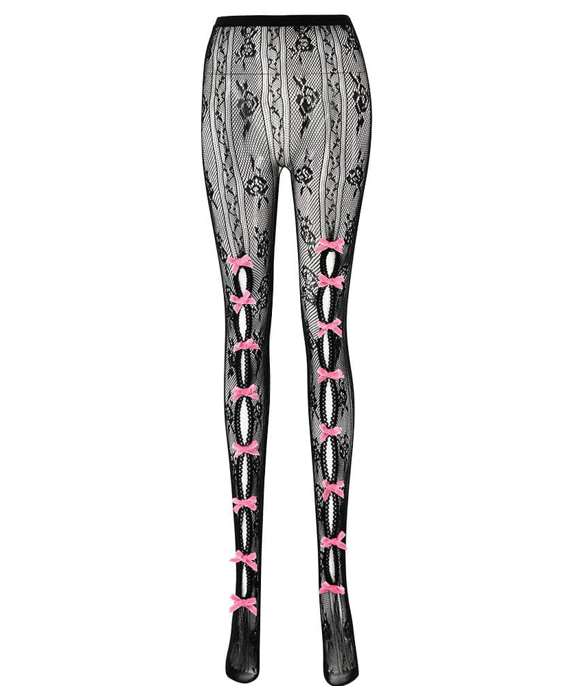 Sultry Red Lace & Bowknot Fishnet Tights - Daring Cut-Out Hosiery for Halloween & Beyond