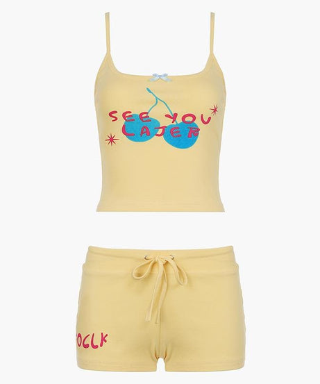 Y2K Cherry 'See You Later' Cami & Shorts Set - Comfy Loungewear for Cozy Fall Nights