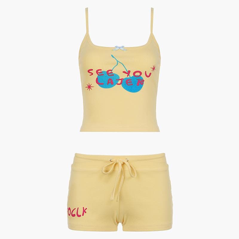 Y2K Cherry 'See You Later' Cami & Shorts Set - Comfy Loungewear for Cozy Fall Nights