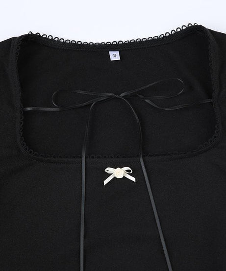 Cozy Chic Black Square Neck Long Sleeve Top | Ribbon Tie Front & Delicate Lace Trim