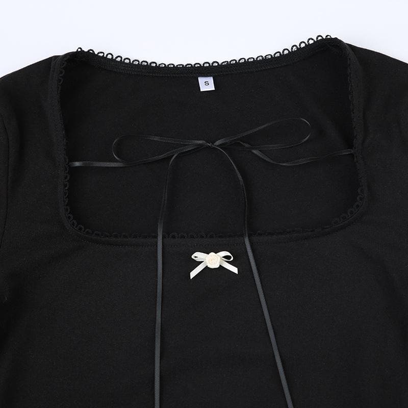 Cozy Chic Black Square Neck Long Sleeve Top | Ribbon Tie Front & Delicate Lace Trim