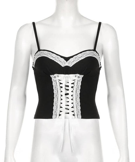 Dark Romance Sweetheart Corset Cami Top - Black & White Lace-Up Elegance