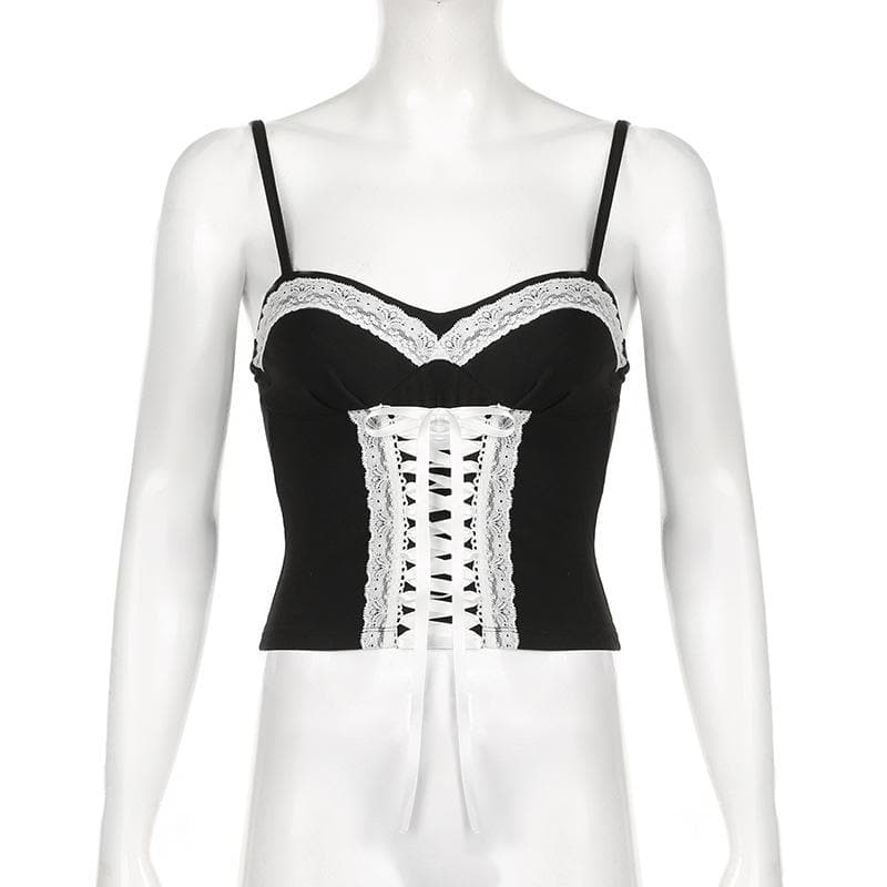 Dark Romance Sweetheart Corset Cami Top - Black & White Lace-Up Elegance