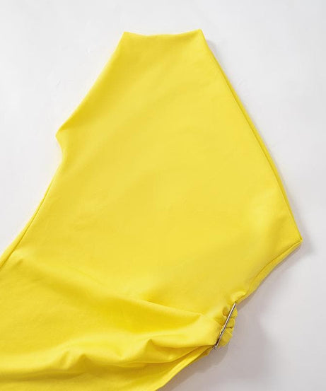 Radiant Yellow One-Shoulder Statement Top - Chic Ruched Buckle Accent for Fall Evenings