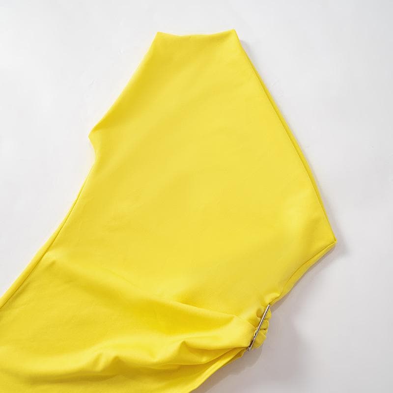 Radiant Yellow One-Shoulder Statement Top - Chic Ruched Buckle Accent for Fall Evenings