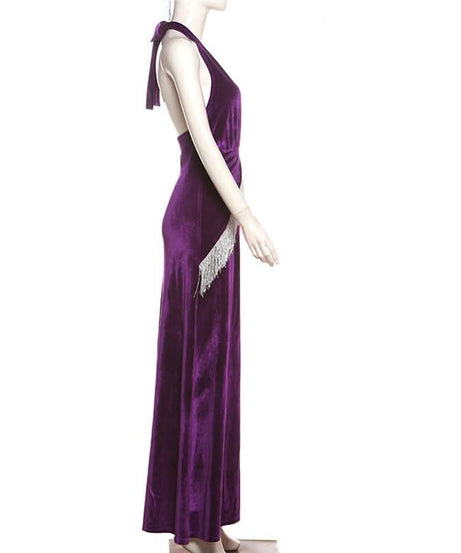 Showstopping Regal Purple Velvet Halter Maxi Dress with Dazzling Fringe | Holiday & New Year's Eve Gala Gown