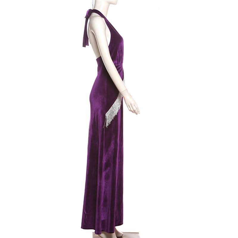 Showstopping Regal Purple Velvet Halter Maxi Dress with Dazzling Fringe | Holiday & New Year's Eve Gala Gown