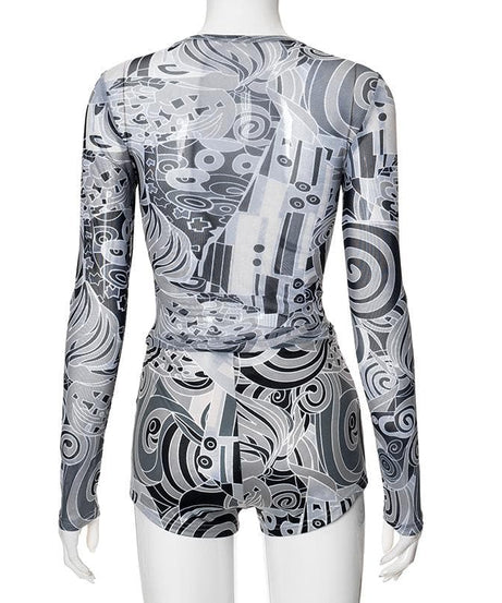Edgy Abstract Mesh Long Sleeve Top & Shorts Set - Fall's Must-Have Party & Layering Style