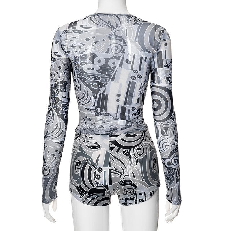 Edgy Abstract Mesh Long Sleeve Top & Shorts Set - Fall's Must-Have Party & Layering Style