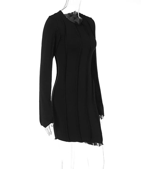 Fall Nights Edge: Chic Black Asymmetrical Mini Dress with Long Sleeves