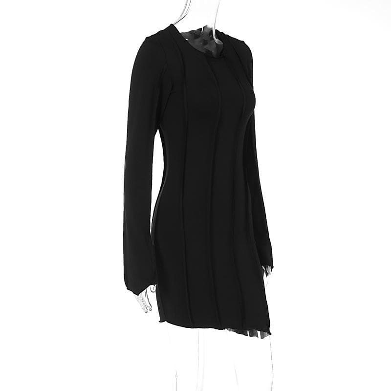 Fall Nights Edge: Chic Black Asymmetrical Mini Dress with Long Sleeves