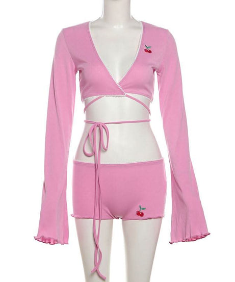 Cozy Fall Vibes: Sweet Cherry Pink Ribbed Wrap Top & Shorts Lounge Set