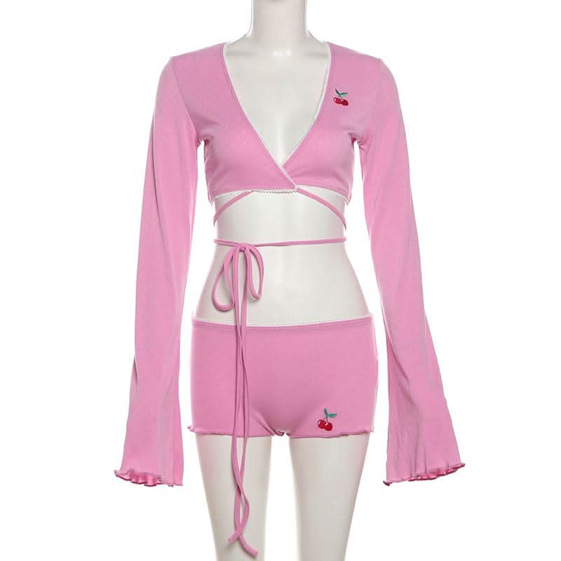 Cozy Fall Vibes: Sweet Cherry Pink Ribbed Wrap Top & Shorts Lounge Set