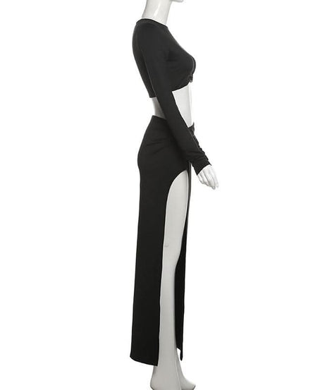 Fall/Holiday Glam: Chic Black Long Sleeve Crop Top & High-Slit Maxi Skirt Two-Piece Set