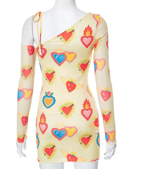 Vibrant Sacred Heart Mesh Mini Dress - Asymmetrical Long Sleeve | Fall Statement