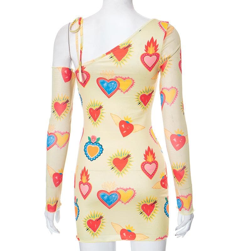Vibrant Sacred Heart Mesh Mini Dress - Asymmetrical Long Sleeve | Fall Statement