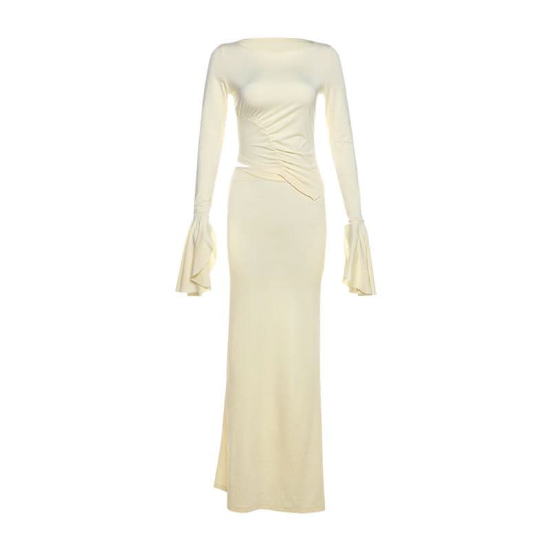 Chic Ivory Ruched Maxi Dress with Flared Bell Sleeves - Your Fall & Holiday Event Essential