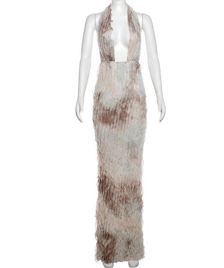 Ethereal Ruffle Halter Plunge Maxi Dress | Backless Resort & Destination Getaway Gown